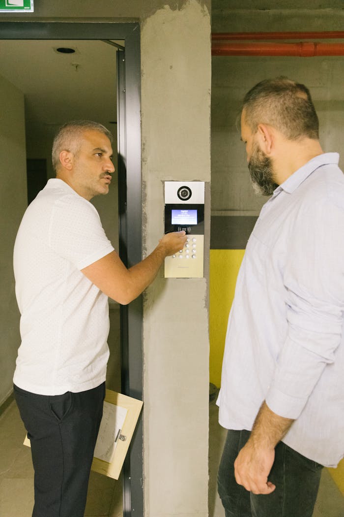 Mastering the First Impression: Your intriguing post title goes here Two men standing by a digital keypad in a building corridor, discussing access control.